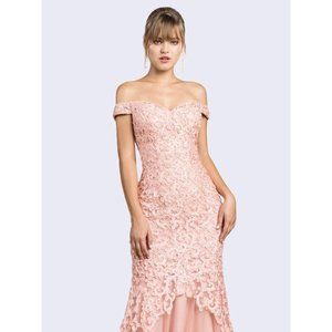 NEW LONG OFF MERMAID SHOULDER SLEEVELESS TULLE DRESS WITH FLORAL LACE CD A0401
